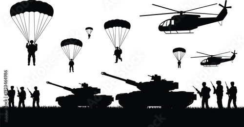 Military battle scene silhouette with soldiers tanks helicopters and paratroopers for army combat mission warfare background and defense industry design