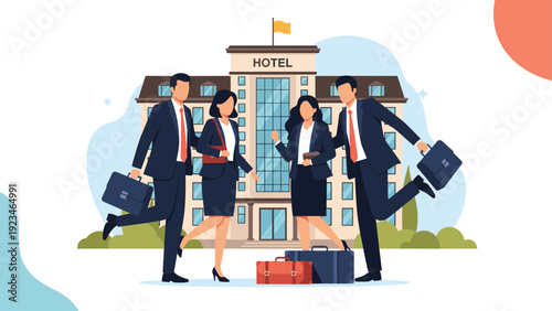 Cheerful business professionals in suits posing happily with suitcases in front of modern hotel building during travel trip.