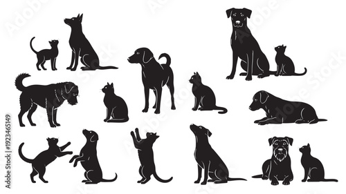 Dog and cat silhouettes set in various poses, black pet icons collection isolated on white background for design and decor featuring vector style, domestic animals, canine with feline and puppy