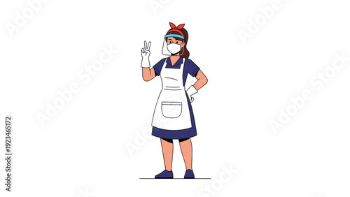 Professional female cleaner wearing apron and protective face mask making peace sign gesture against plain white background.
