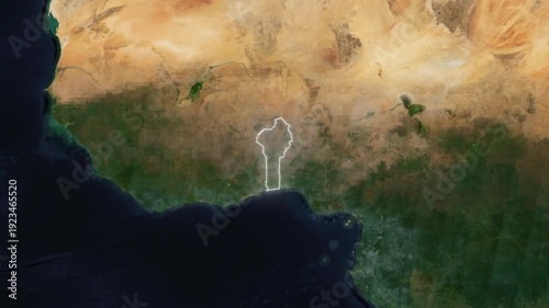 World Map to Country Zoom Animation with Glowing Border Outline Benin