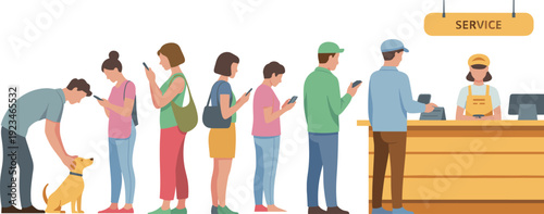 Service counter queue, customer line silhouette, people waiting vector, retail desk illustration, smartphone users sketch, dog interaction art, modern society design