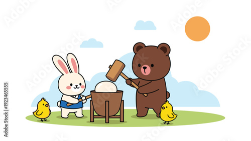 Cute rabbit and brown bear using wooden mallets to pound rice for mochi in traditional container under sunny bright sky.