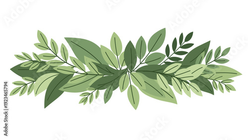 Illustration of a lush green leafy branch with various leaf types on a white background in a flat lay composition with a natural and earthy mood.
