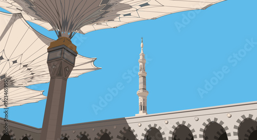 Nabawi Mosque Courtyard with Giant Umbrellas and Minaret Architecture