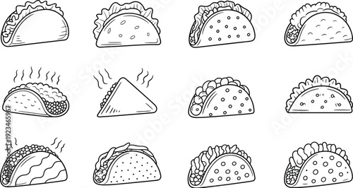 Set of Hand Drawn Taco Sketches and Mexican Food Icons Isolated on White Background Vector Line Art Illustration for Restaurant Menu Design and Food BrandingSet of Hand Drawn Taco 