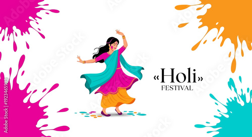 A vibrant illustration of a woman dancing during Holi Festival celebrations with colored powder and splashes of pink, orange, and blue.