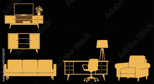 Golden furniture silhouettes arranged against a stark black backdrop, minimalist design.