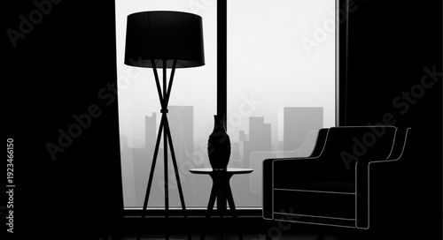 Silhouette of a floor lamp, chair, and side table near a window.