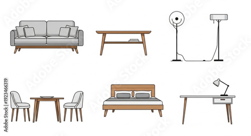 Furniture Collection - Sofa, Table, Lamps, Dining Set, Bed, and Desk.