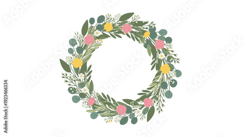A floral wreath made of green leaves, pink flowers, and yellow blooms on a white background, with a flat lay composition.