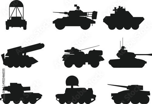 Set of Military Tank and Armored Vehicle Silhouettes Including Rocket Launchers Radar Units and Artillery Cannons for War Gaming Defense Industry and History Graphics
