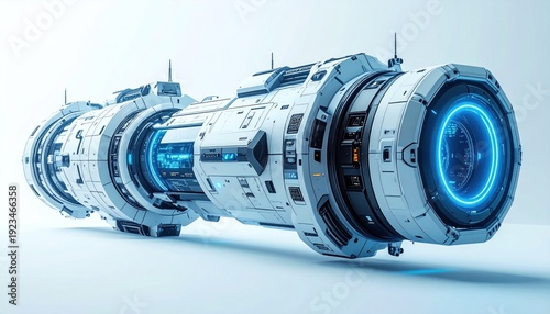 Futuristic Spaceship Design with Glowing Blue Rings and Intricate Details.