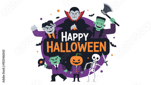 Diverse group of Halloween monsters including vampire, frankenstein, mummy, and skeleton around happy halloween text banner.