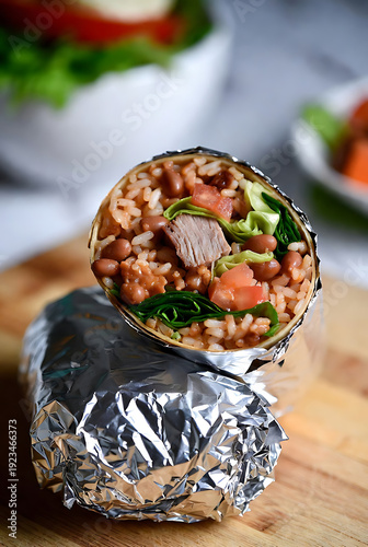 Fresh vegetarian burrito wrap with quinoa, black beans, avocado, and cheese on rustic wooden table for healthy lunch or dinner meal prep