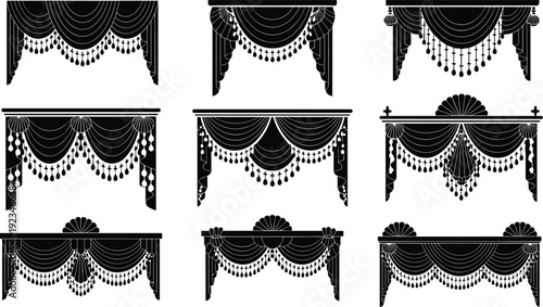 Set of Luxury Curtain Silhouettes with Elegant Pelmets and Decorative Tassels for Interior Design Theater Stage Wedding Decor and Classic Home Graphics