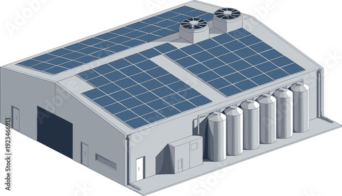 Isometric industrial warehouse with rooftop solar panels, ventilation systems and gas storage tanks renewable energy facility vector illustration