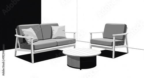 Outdoor furniture set featuring a sofa, armchair, and coffee table for relaxation.