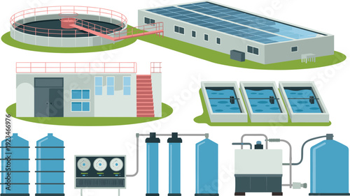 Isometric industrial wastewater treatment facility with solar roof, filtration tanks, sedimentation basin and modern water purification equipment system