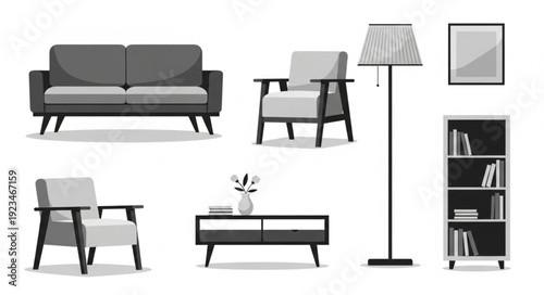 Modern living room furniture set, including sofa, armchairs, lamp, and bookshelf, in a minimalist style.
