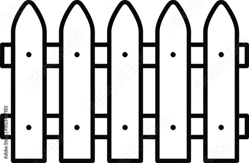 Simple outline drawing of a white picket fence section. Vector illustration of wooden fence isolated on white