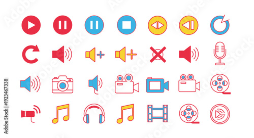 A vibrant collection of media player, audio, and video control icons, featuring play, pause, stop, volume, camera, and music symbols in various colors.