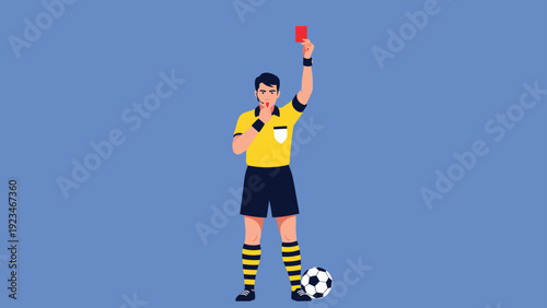 Professional soccer referee in yellow and black uniform blowing whistle and holding up red card on plain blue background for penalty.