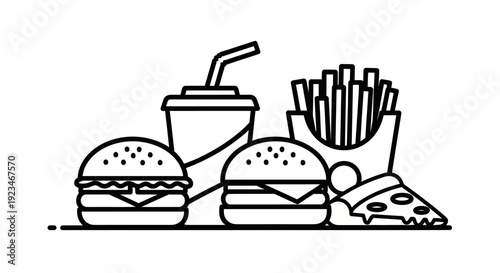 Delicious Fast Food Meal with Burgers Fries Soda and Pizza Slice.