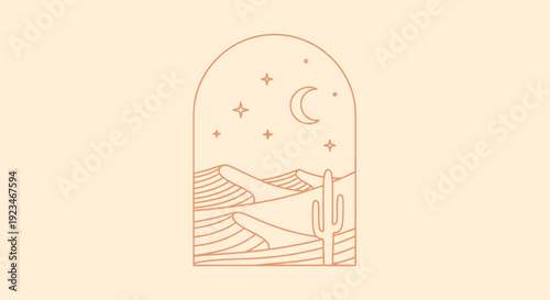 Desert Night Landscape with Cactus and Stars Line Art.