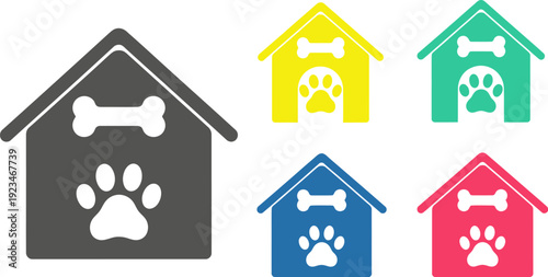 Colorful Dog House Icons with Bone and Paw Print Symbols on White Background