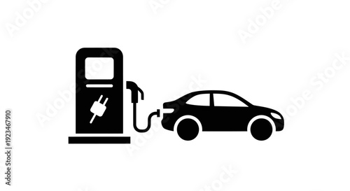 Electric car charging station icon with vehicle.