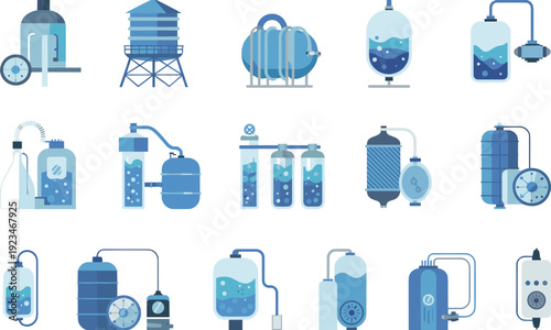 Isometric water purification equipment icons collection with filtration systems, storage tanks, industrial treatment units and wastewater processing components illustration