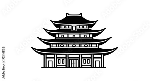 Black line drawing of chinese pagoda.