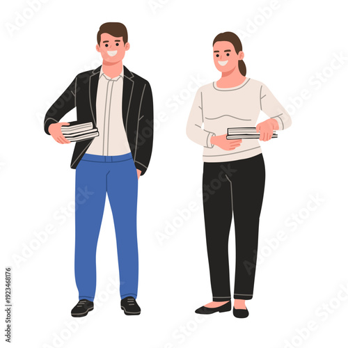 Flat vector illustration of a smiling businessman and businesswoman standing side by side while holding documents or files. Modern professional office workers wearing smart casual outfits, isolated on