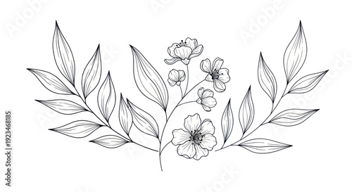Elegant Hand-Drawn Botanical Illustration of Delicate Flowers and Leaves.