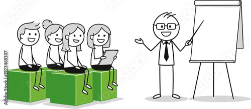 Stick figures business presentation with a speaker and audience learning on green cubes.