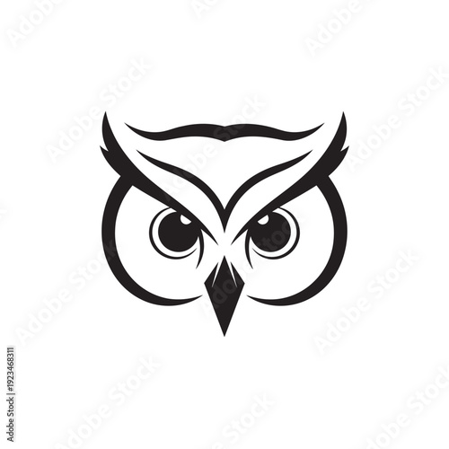 Owl Face Closeup Black White Illustration.