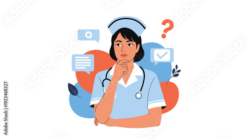 Female nurse in blue uniform looking thoughtful and confused with question and check marks in bubbles behind her.