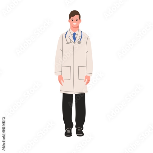 Flat vector illustration of a male doctor standing confidently in white medical coats with stethoscopes. Ideal for medical, hospital, clinic, healthcare services, physician, and medical team concepts.