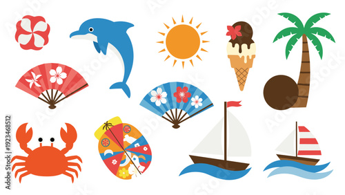 Collection of summer themed icons including dolphin, sun, ice cream, palm tree, crab, sailboat, and colorful fans.