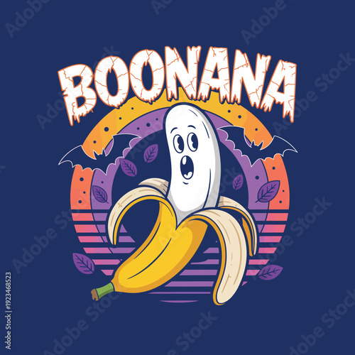 Cartoon Banana with Ghost Face and Boonana Text on Dark Background