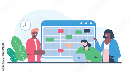 Diverse team collaborating on a project, reviewing tasks on a large calendar board in a modern office setting.