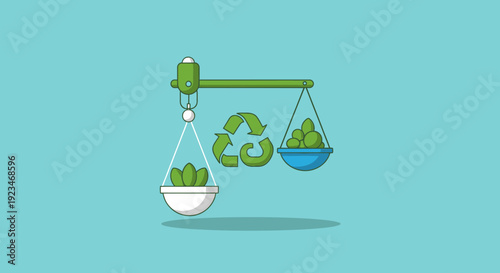 Green recycling symbol on balance scale.