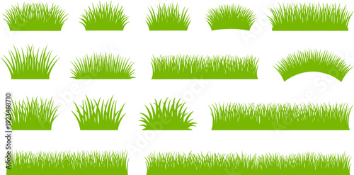 Collection of Green Grass Tufts and Borders Vector Illustration Set on White