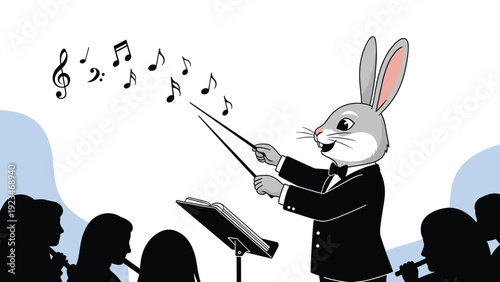 Elegant rabbit in tuxedo conducting an orchestra of silhouette musicians with musical notes flying in the air.