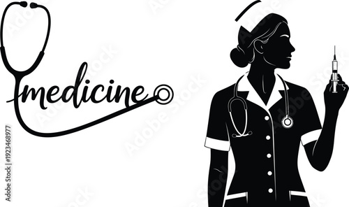 Black and white silhouette of a nurse holding a syringe with medicine text and stethoscope