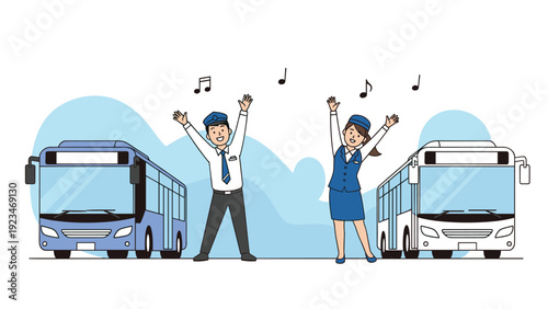 Cheerful male and female bus drivers in blue uniforms cheering with raised hands in front of modern city buses on bright day.