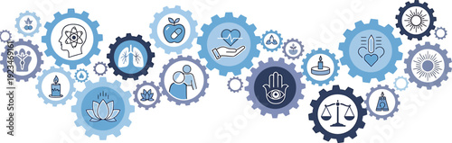 Holistic Well-being and Personal Growth Concept with Interconnected Gears and Diverse Icons
