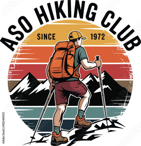 Hiker with backpack and trekking poles in front of mountains at sunset