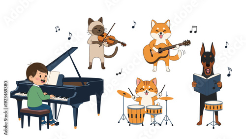 Young boy plays a grand piano while talented cats and dogs perform on various musical instruments in a fun animal band.